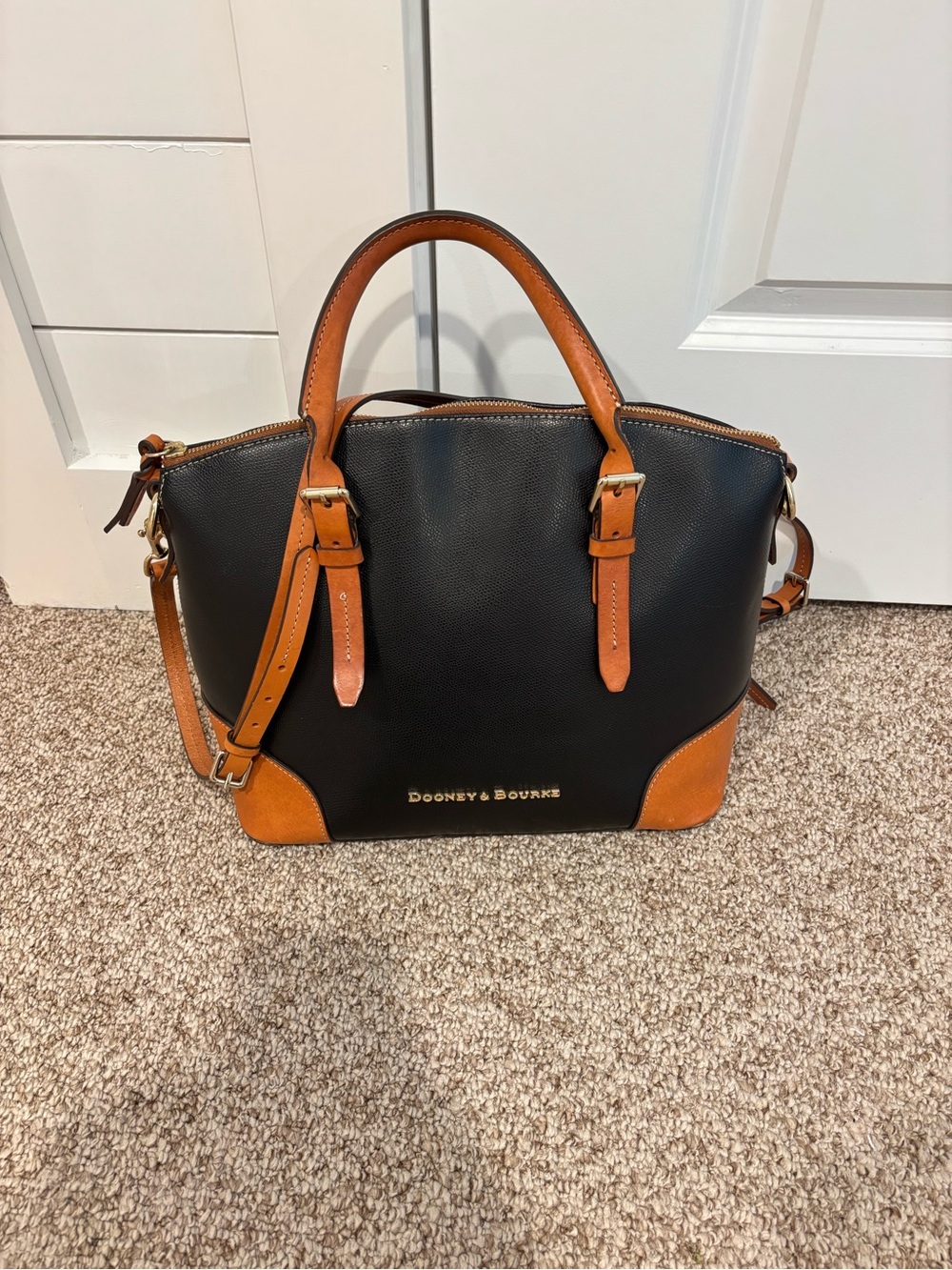 Dooney & Bourke Claremont Domed Satchel Black Tan Leather Crossbody